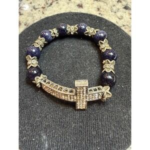 Blue Goldstone Bead Bracelet Rhinestone Cross Stretch Religious